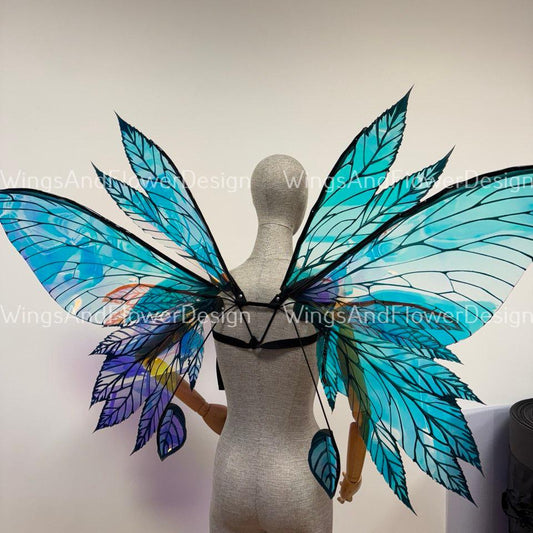 Rainbow iridescent mirror fluorescent blue purple butterfly elf wings, butterfly fairy wings fantasy Halloween magical fairy clear wings