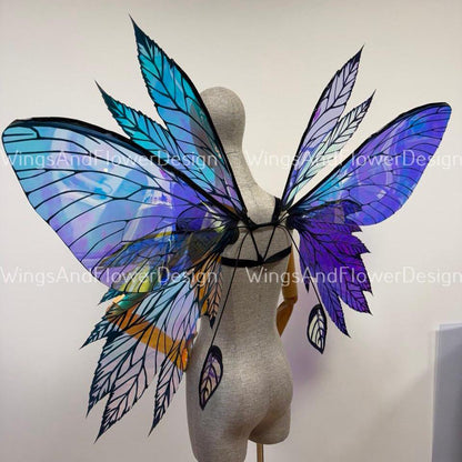 Rainbow iridescent mirror fluorescent blue purple butterfly elf wings, butterfly fairy wings fantasy Halloween magical fairy clear wings