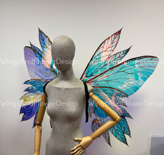 Rainbow iridescent mirror fluorescent blue purple butterfly elf wings, butterfly fairy wings fantasy Halloween magical fairy clear wings