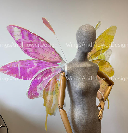 Rainbow iridescent mirror fluorescent yellow pink orange butterfly elf fairy wings fantasy Halloween magical fairy clear wings