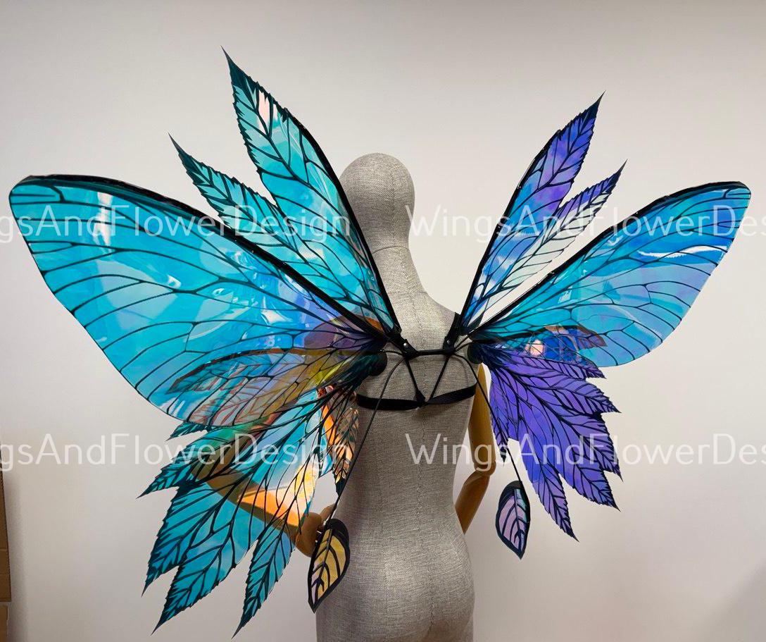 Rainbow iridescent mirror fluorescent blue purple butterfly elf wings, butterfly fairy wings fantasy Halloween magical fairy clear wings