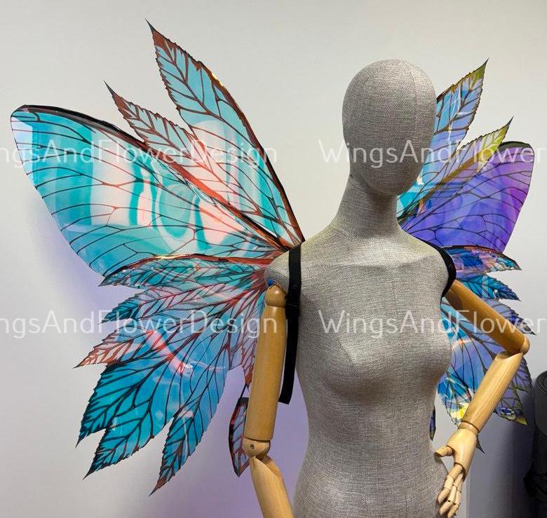 Rainbow iridescent mirror fluorescent blue purple butterfly elf wings, butterfly fairy wings fantasy Halloween magical fairy clear wings